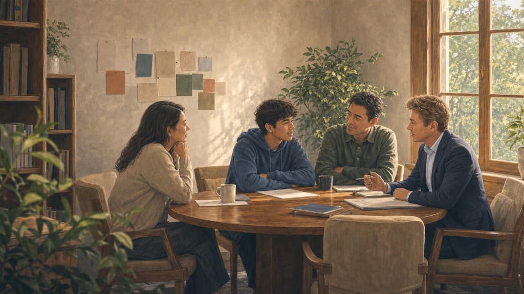 College counselor meeting with a student and parents around a round table in a sunlit study