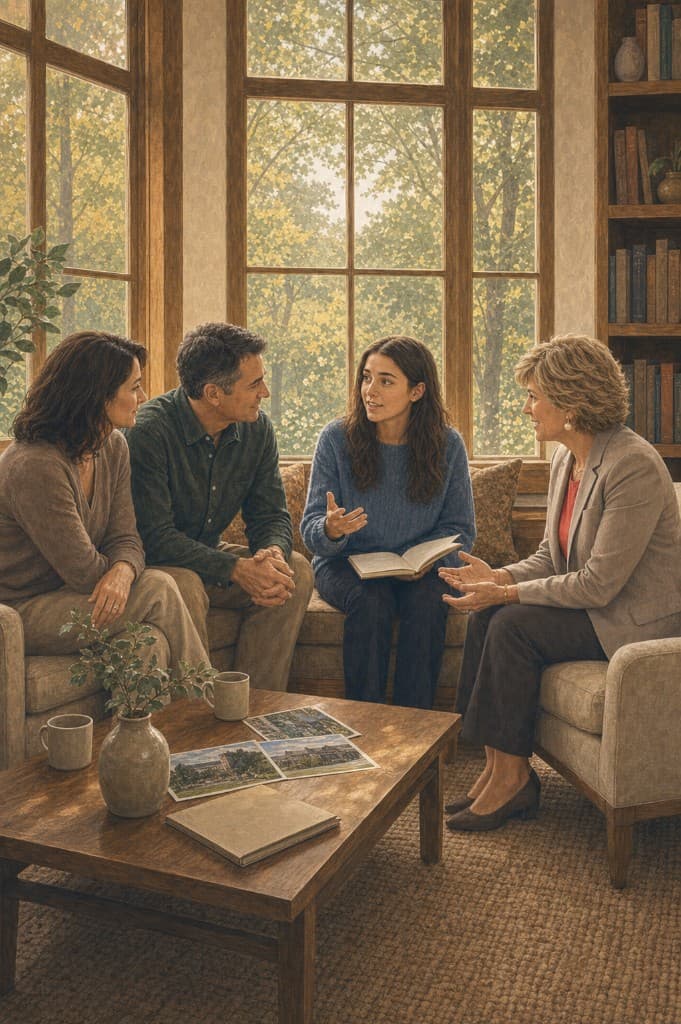 Student and parents in conversation with a college counselor in a sunlit room
