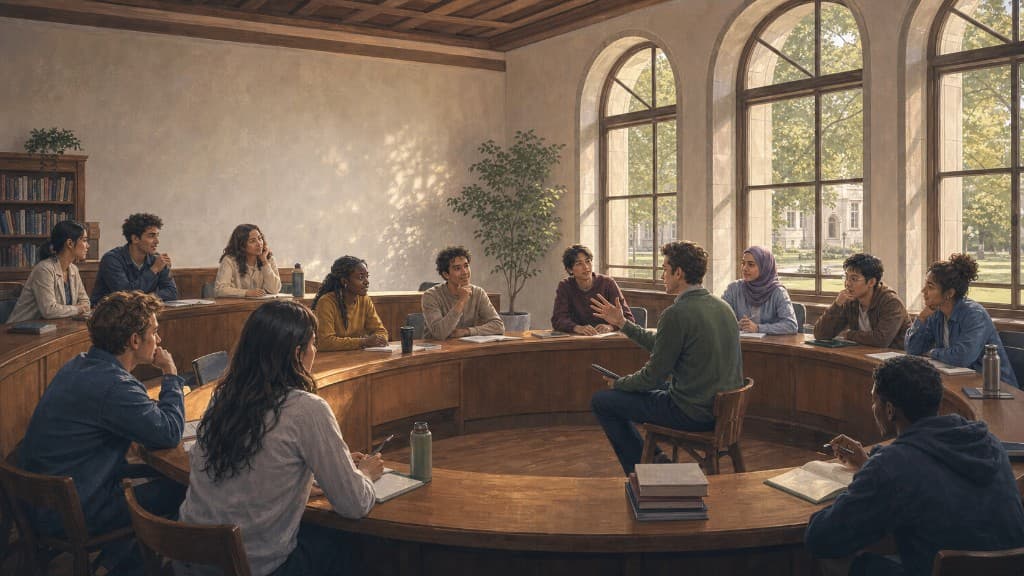 Diverse university students in a seminar discussion with arched windows overlooking campus