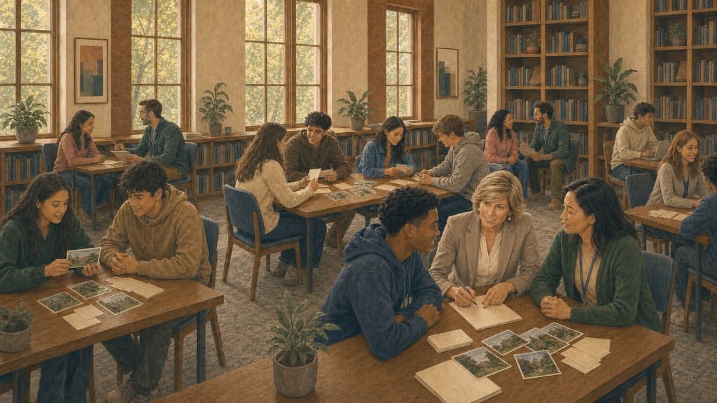 Students and counselors reviewing college campus photos together in a sunlit library study hall