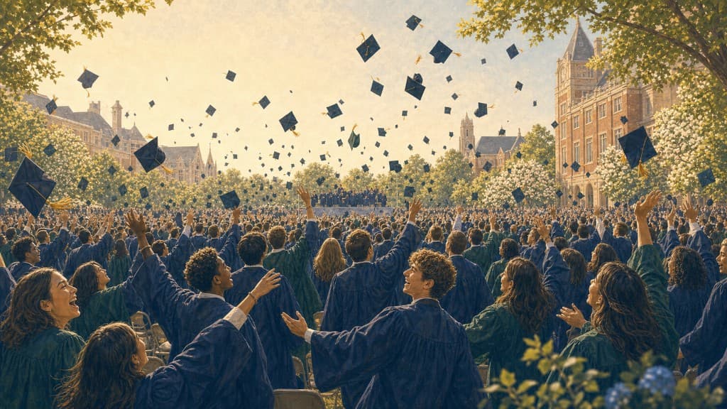 Graduates in blue gowns tossing caps in the air on a sunlit college campus